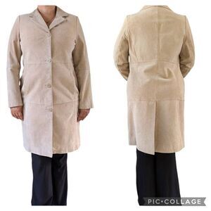 Vintage Bernardo Tan Suede Leather Block Long Trench Coat Jacket  Size L Lined